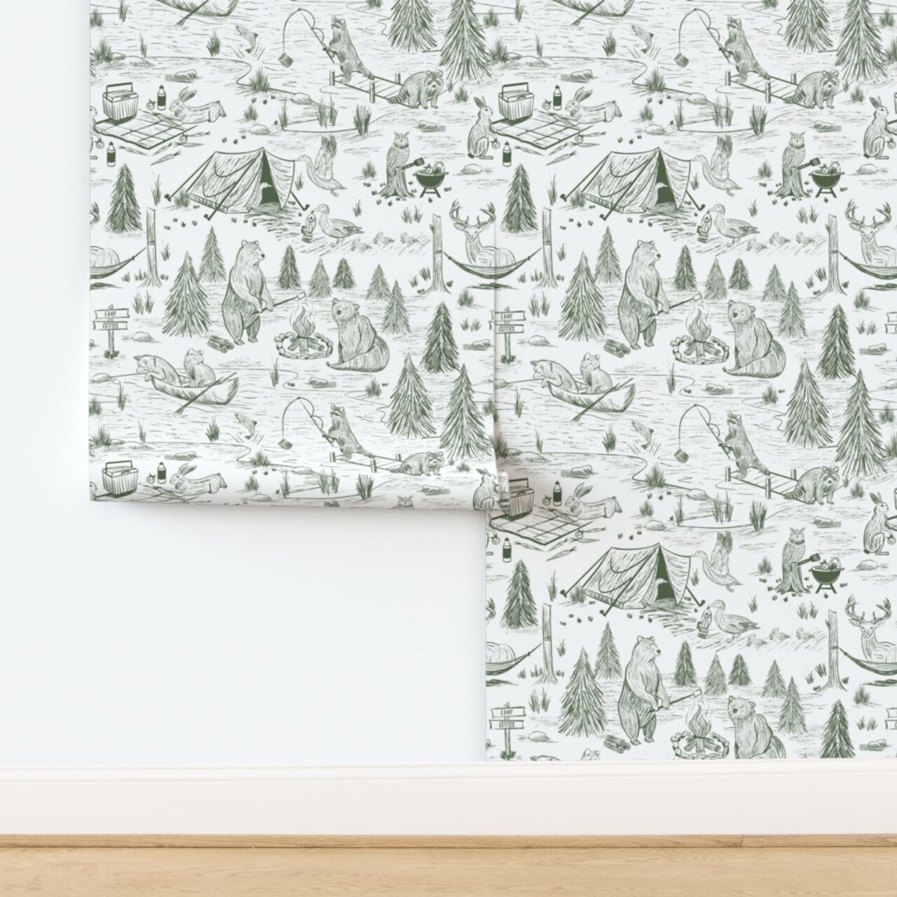 Toile Woodland Animals Forest Camping Campfire Kids Fishing Lake Nursery De Jouy Custom Pre-pasted Wallpaper by Spoonflower Pre-Pasted Wallpaper 2FT Wide